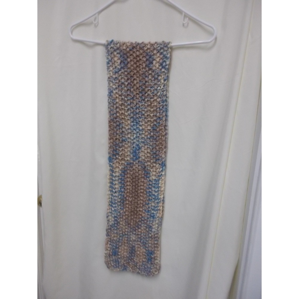 Handmade Chunky Knit Scarf Blue Tan Cream Variegated Garter Stitch Winter Wrap